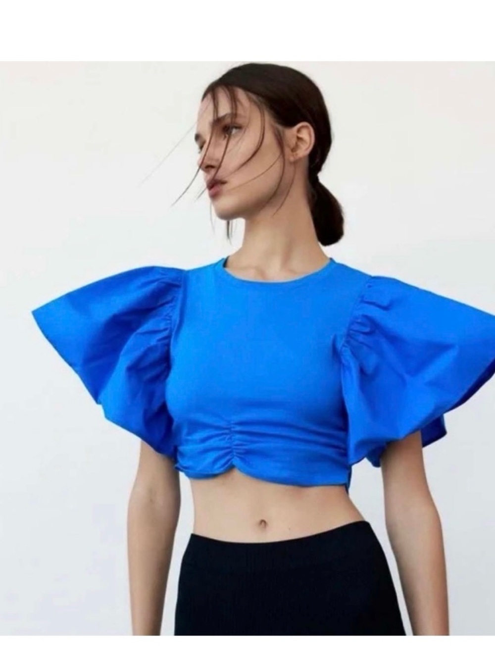Zara Electric Blue Puff-Sleeve Cropped Top - Women